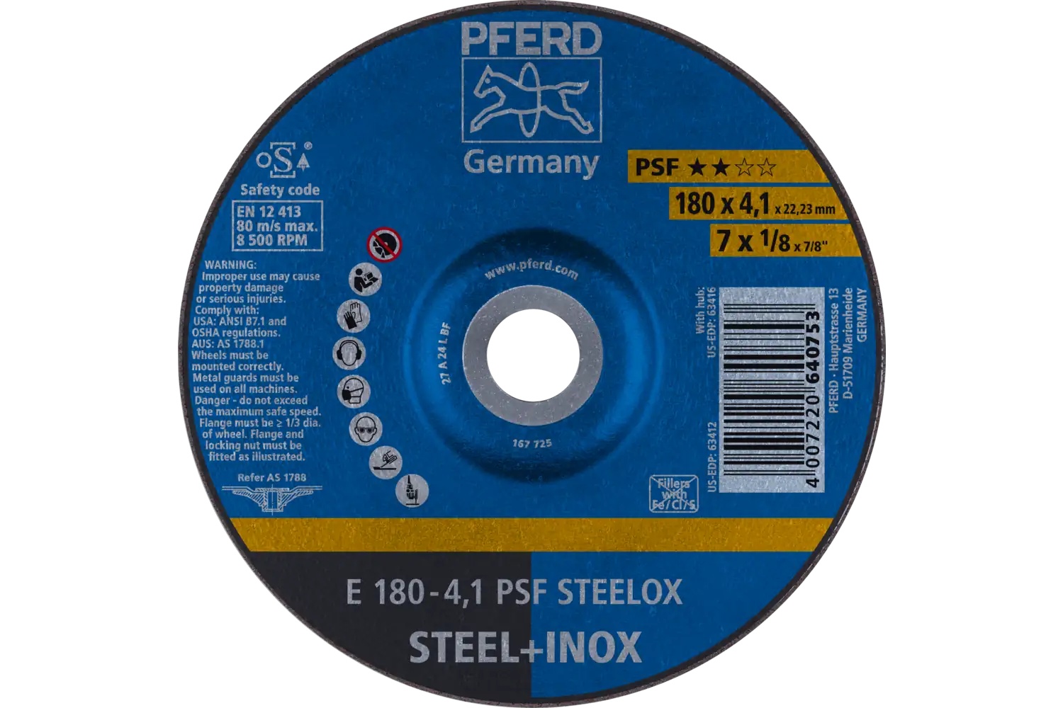 Picture of Pferd Grinding Wheel, 7" X 1/8 X 7/8, Psf Steelox, T27, Aluminum Oxide
